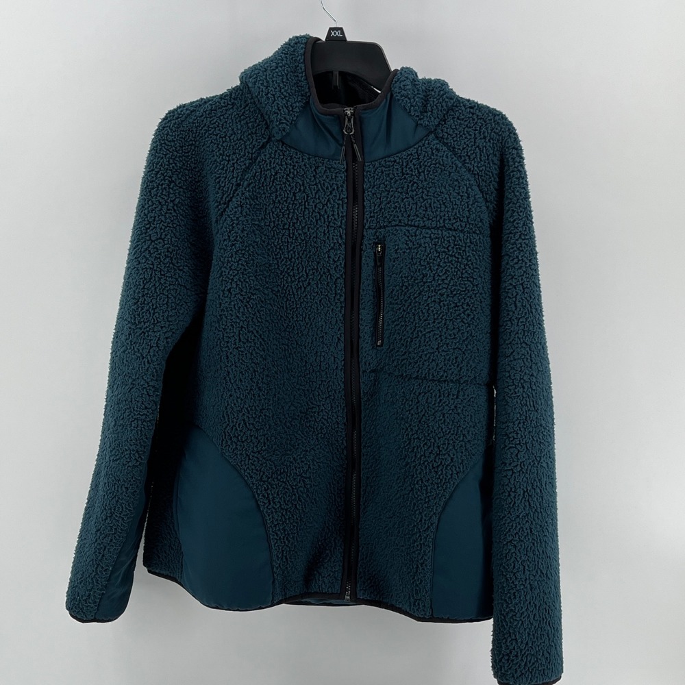 Fila Sport Womens Teal Blue Sherpa Faux Fur Full Zip Hooded Jacket Large